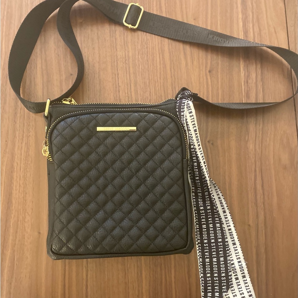 Steve Madden Black Quilted Crossbody with Branded Ribbon Strap